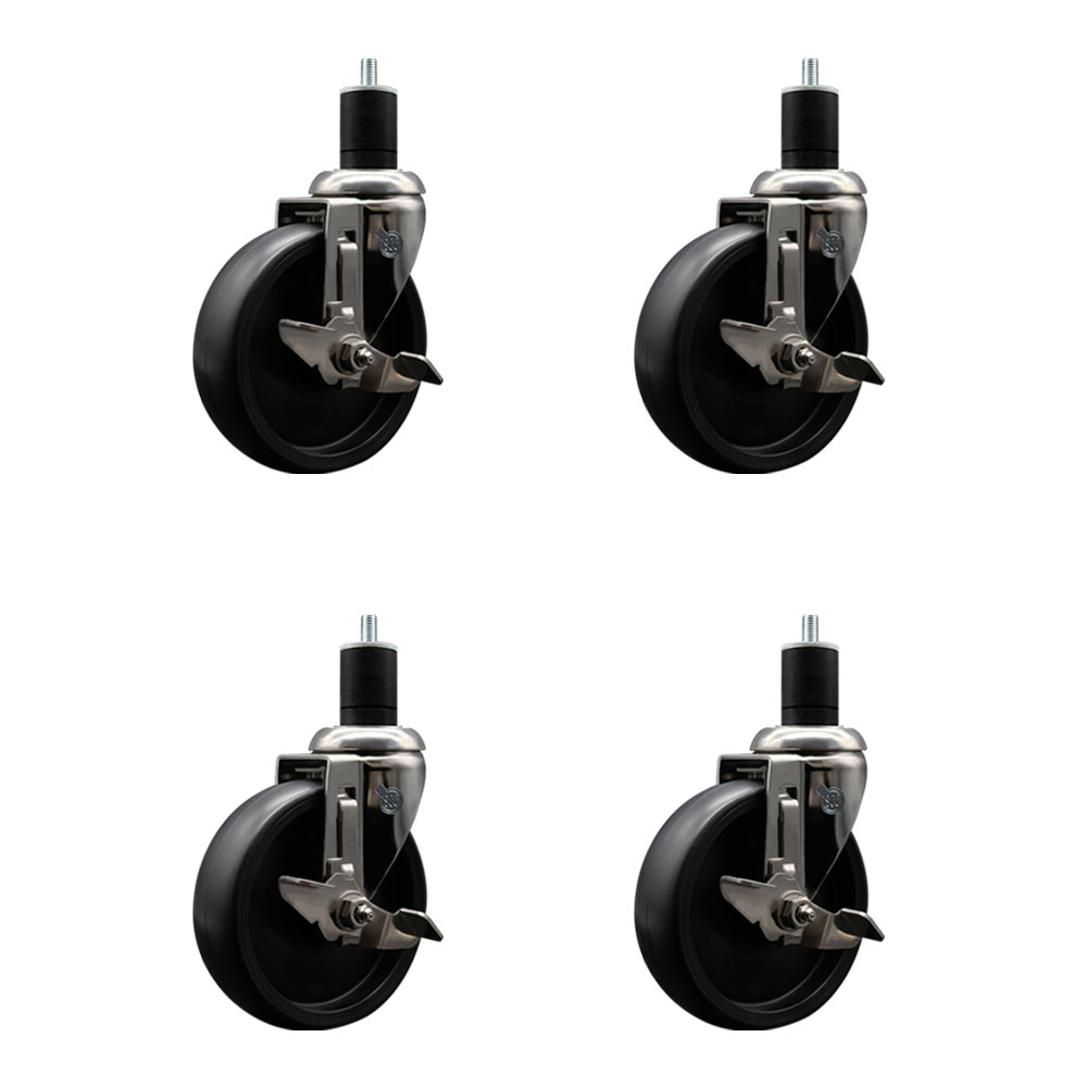 Polyolefin Swivel Stem Caster Wheels Set of 4 with 5 Inch Black Wheels - 1-3/4" Expanding Stems - 316 Stainless Steel Casters - Includes 4 Swivel Casters with Total Lock Brakes - Service Caster Brand — photo 1