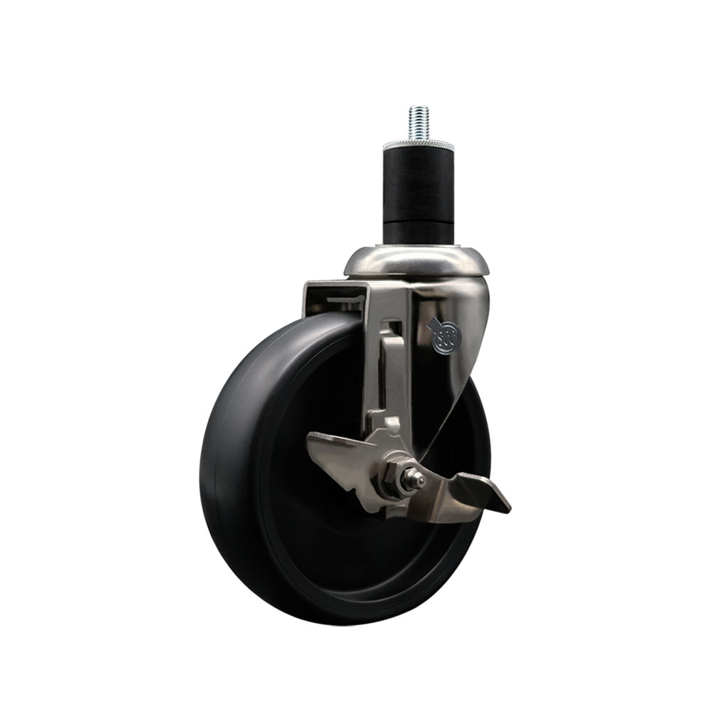 Polyolefin Swivel Stem Caster Wheel with 5 Inch Black Wheel and Top Lock Brake - 1-3/4" Expanding Stem - 316 Stainless Steel Caster - 350 lbs. Capacity Per Caster - Service Caster Brand — photo 1