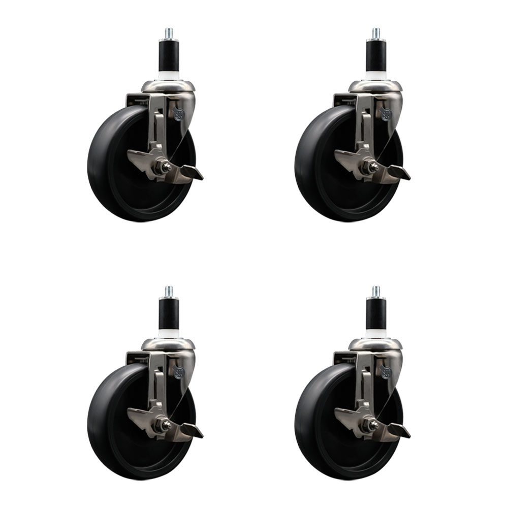 Polyolefin Swivel Stem Caster Wheels Set of 4 with 5 Inch Black Wheels - 1-3/8" Expanding Stems - 316 Stainless Steel Casters - Includes 4 Swivel Casters with Total Lock Brakes - Service Caster Brand — photo 1