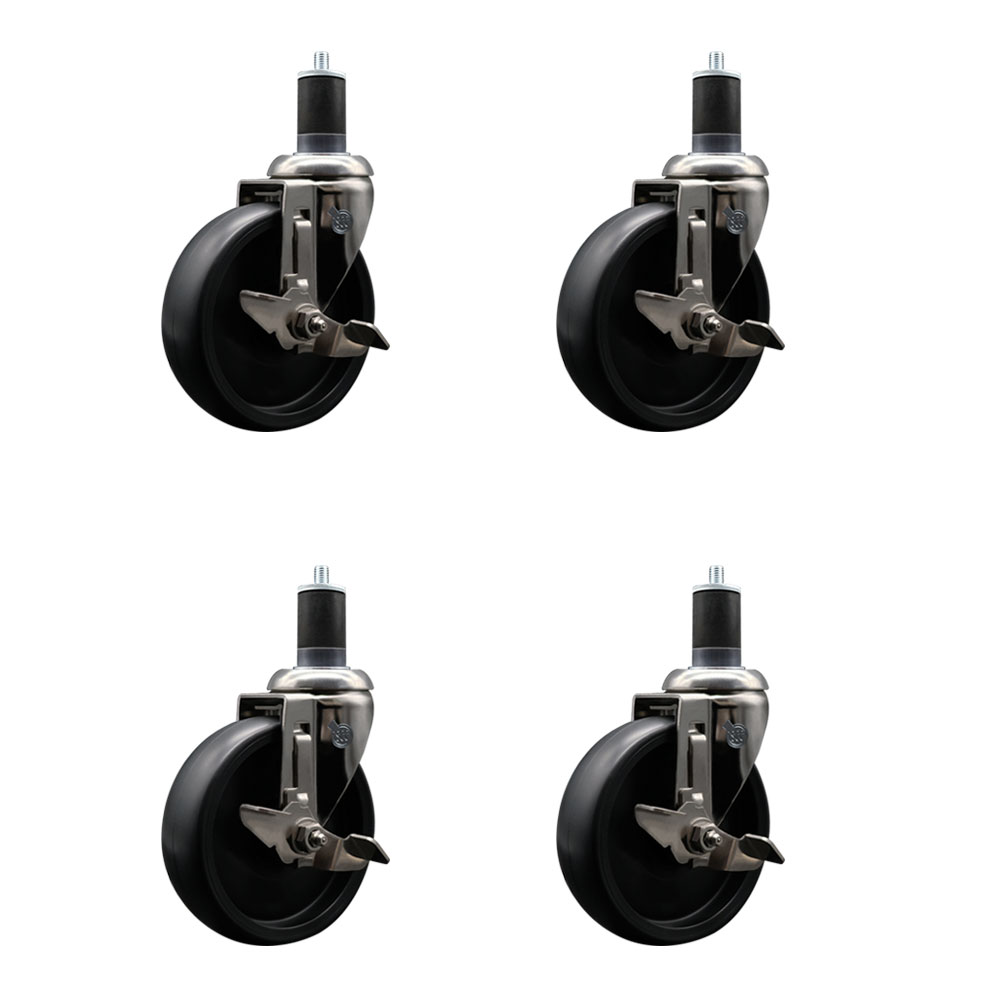 Polyolefin Swivel Stem Caster Wheels Set of 4 with 5 Inch Black Wheels - 1-5/8" Expanding Stems - 316 Stainless Steel Casters - Includes 4 Swivel Casters with Total Lock Brakes - Service Caster Brand — photo 1