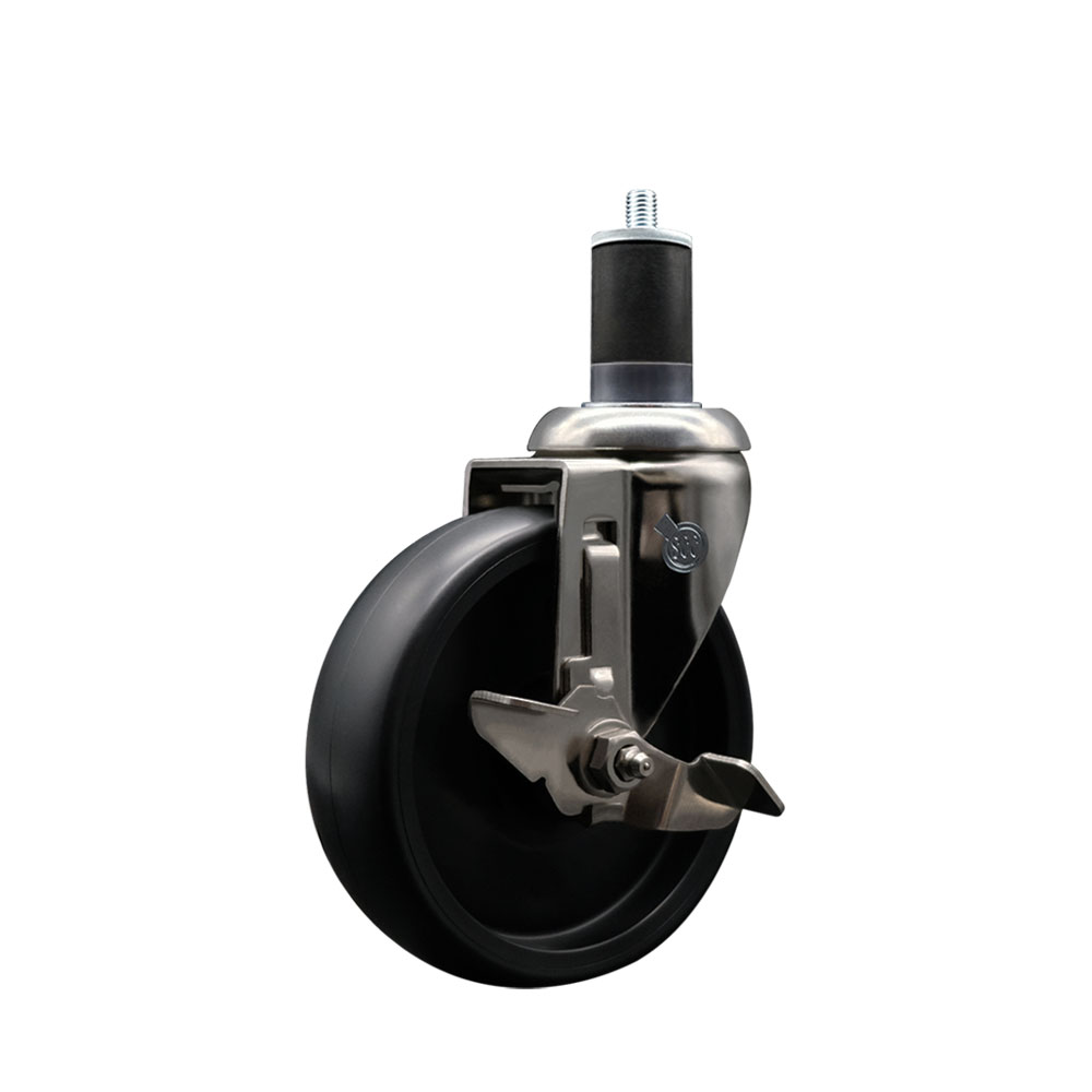 Polyolefin Swivel Stem Caster Wheel with 5 Inch Black Wheel and Top Lock Brake - 1-5/8" Expanding Stem - 316 Stainless Steel Caster - 350 lbs. Capacity Per Caster - Service Caster Brand — photo 1