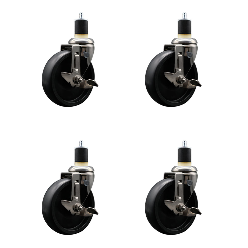 Polyolefin Swivel Stem Caster Wheels Set of 4 with 5 Inch Black Wheels - 1-7/8" Expanding Stems - 316 Stainless Steel Casters - Includes 4 Swivel Casters with Total Lock Brakes - Service Caster Brand — photo 1