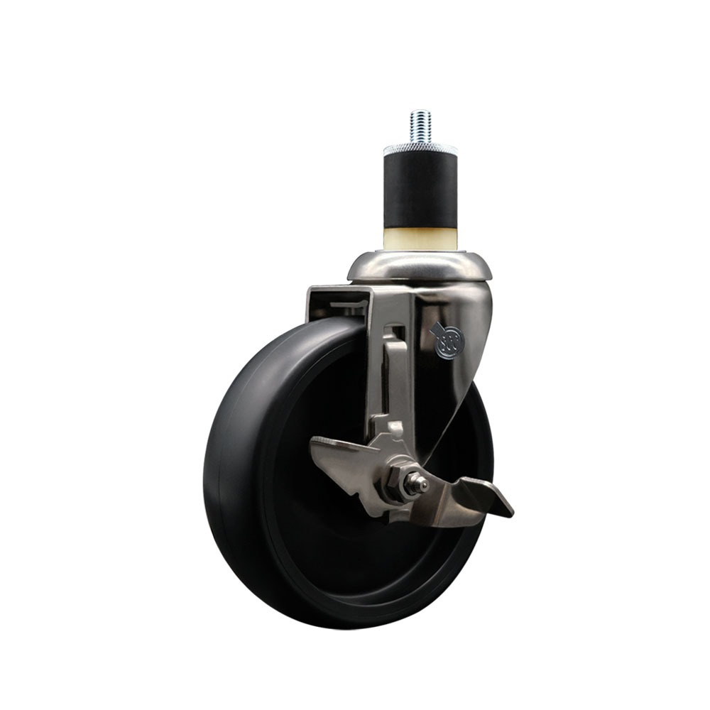 Polyolefin Swivel Stem Caster Wheel with 5 Inch Black Wheel and Top Lock Brake - 1-7/8" Expanding Stem - 316 Stainless Steel Caster - 350 lbs. Capacity Per Caster - Service Caster Brand — photo 1
