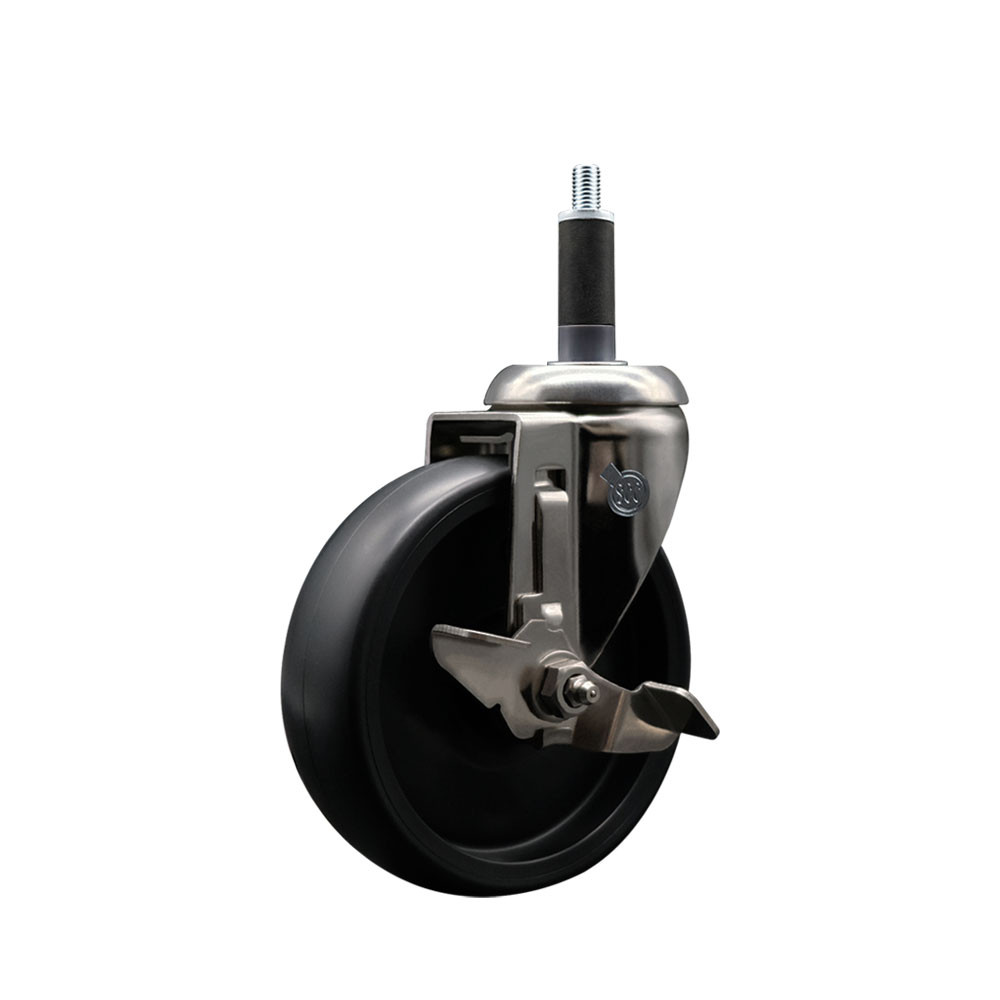 Polyolefin Swivel Stem Caster Wheel with 5 Inch Black Wheel and Top Lock Brake - 1" Expanding Stem - 316 Stainless Steel Caster - 350 lbs. Capacity Per Caster - Service Caster Brand — photo 1