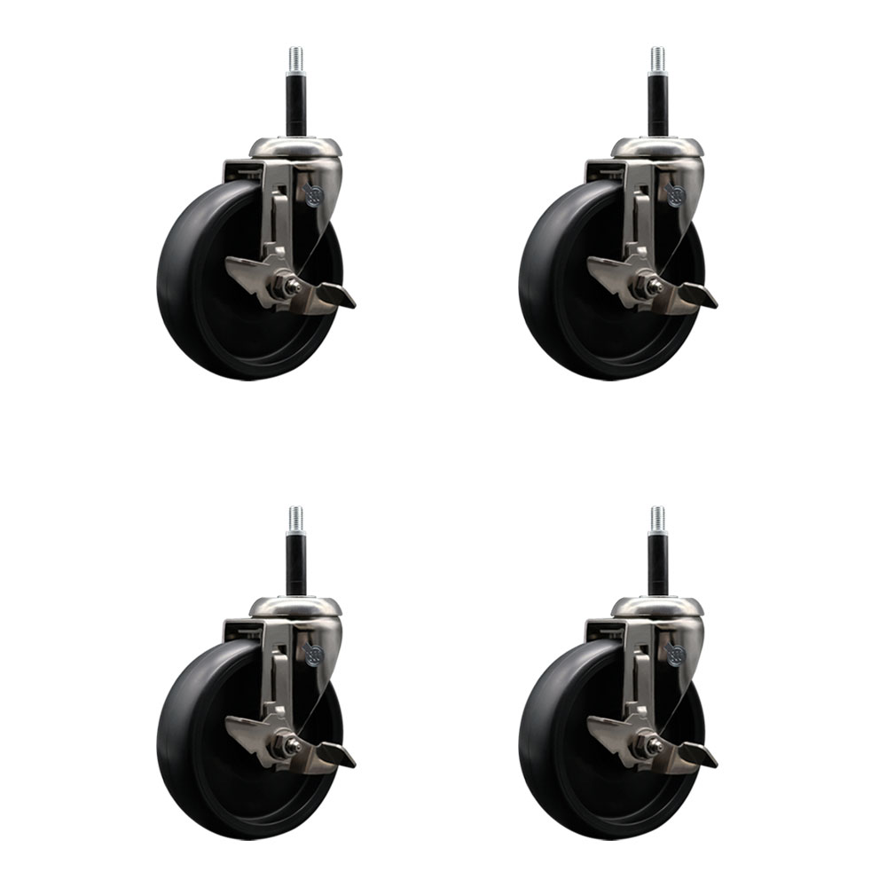 Polyolefin Swivel Stem Caster Wheels Set of 4 with 5 Inch Black Wheels - 3/4" Expanding Stems - 316 Stainless Steel Casters - Includes 4 Swivel Casters with Total Lock Brakes - Service Caster Brand — photo 1