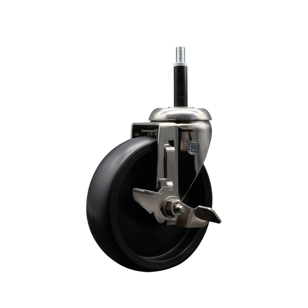 Polyolefin Swivel Stem Caster Wheel with 5 Inch Black Wheel and Top Lock Brake - 3/4" Expanding Stem - 316 Stainless Steel Caster - 350 lbs. Capacity Per Caster - Service Caster Brand — photo 1
