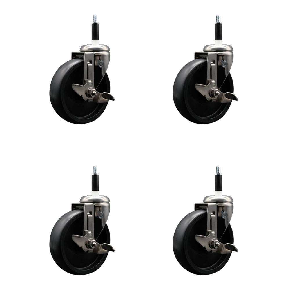 Polyolefin Swivel Stem Caster Wheels Set of 4 with 5 Inch Black Wheels - 7/8" Expanding Stems - 316 Stainless Steel Casters - Includes 4 Swivel Casters with Total Lock Brakes - Service Caster Brand — photo 1