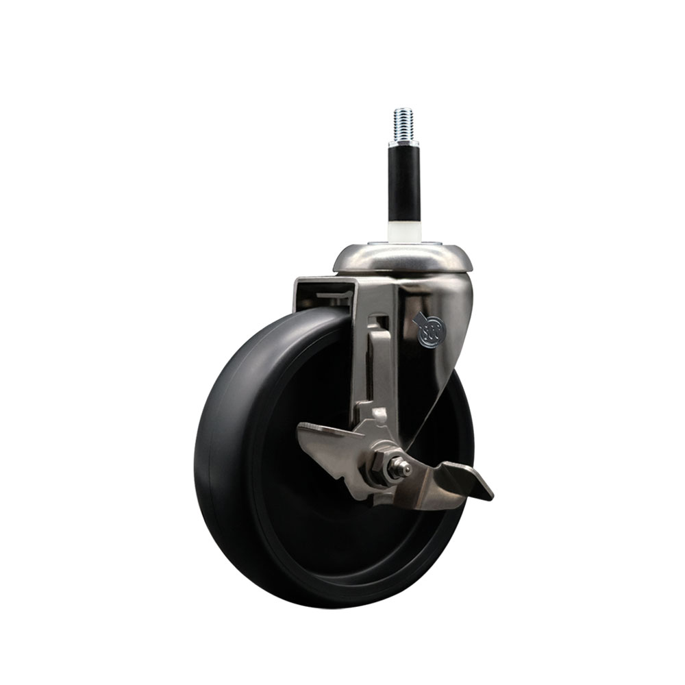 Polyolefin Swivel Stem Caster Wheel with 5 Inch Black Wheel and Top Lock Brake - 7/8" Expanding Stem - 316 Stainless Steel Caster - 350 lbs. Capacity Per Caster - Service Caster Brand — photo 1