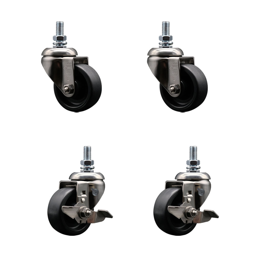 Polyolefin Swivel Stem Caster Wheels Set of 4 with 3 Inch Black Wheels- 1/2" Threaded Stems-316 Stainless Steel Casters-Includes 2 Swivel Casters with Top Lock Brakes and 2 Swivel-Service Caster Brand — photo 1