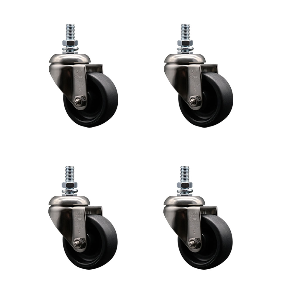 Polyolefin Swivel Stem Caster Wheels Set of 4 with 3 Inch Black Wheels - 12mm Metric Threaded Stems - 316 Stainless Steel Casters - Includes 4 Swivel Casters - Service Caster Brand — photo 1