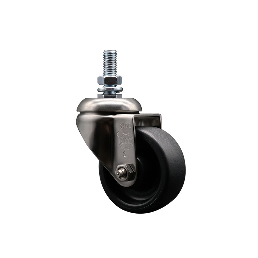 Polyolefin Swivel Stem Caster Wheel with 3 Inch Black Wheel - 1/2" Threaded Stem - 316 Stainless Steel Caster - 300 lbs. Capacity Per Caster - Service Caster Brand — photo 1