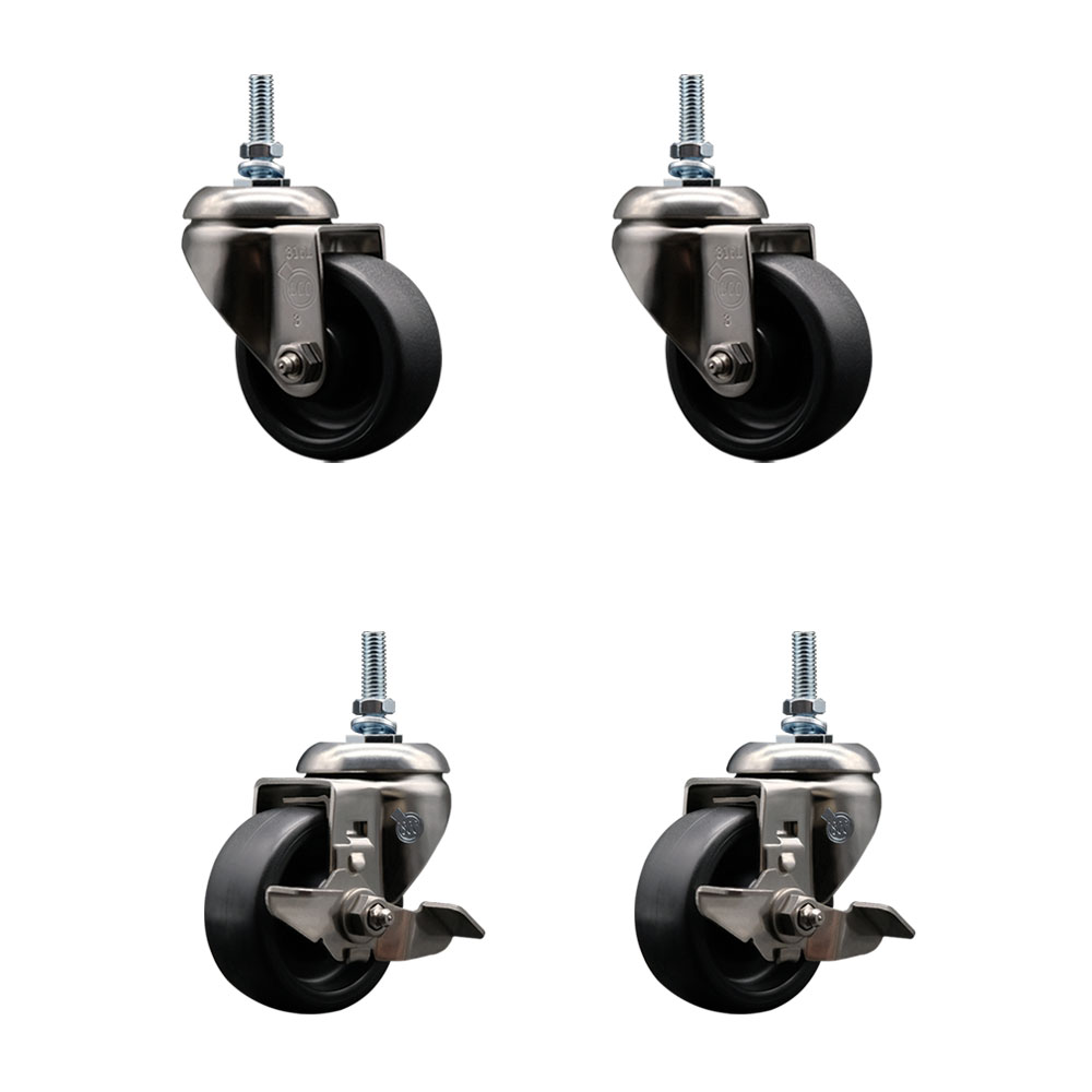 Polyolefin Swivel Stem Caster Wheels Set of 4 with 3 Inch Black Wheels- 3/8" Threaded Stems-316 Stainless Steel Casters-Includes 2 Swivel Casters with Top Lock Brakes and 2 Swivel-Service Caster Brand — photo 1