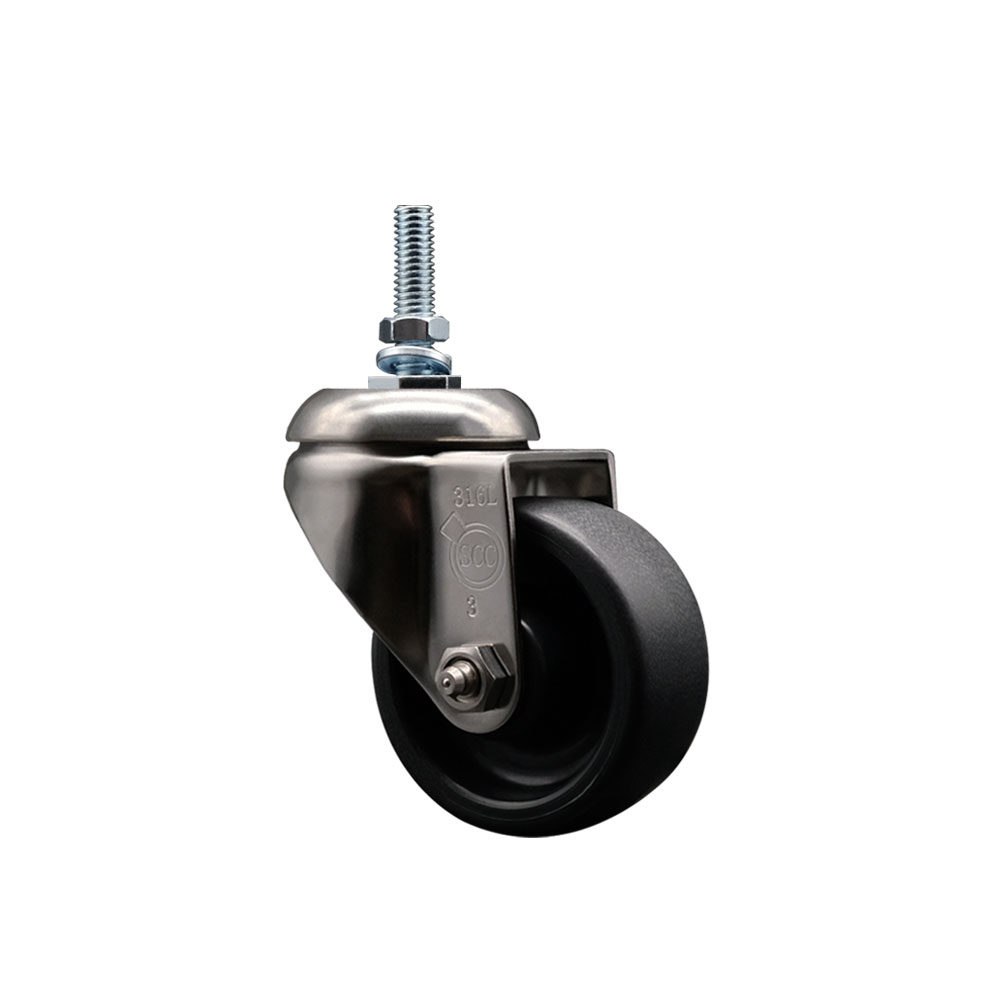 Polyolefin Swivel Stem Caster Wheel with 3 Inch Black Wheel - 10mm Metric Threaded Stem - 316 Stainless Steel Caster - 300 lbs. Capacity Per Caster - Service Caster Brand — photo 1