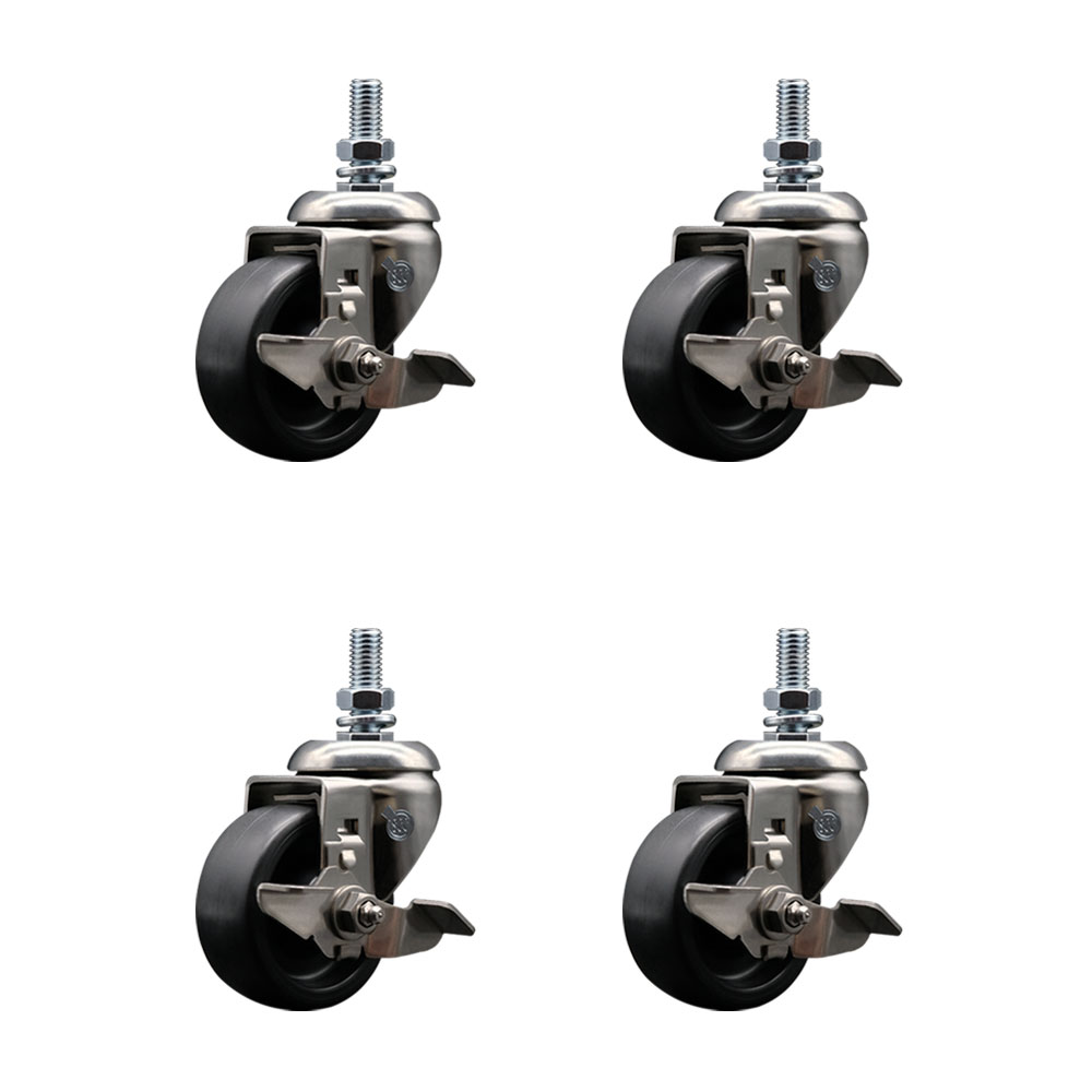 Polyolefin Swivel Stem Caster Wheels Set of 4 with 3 Inch Black Wheels - 1/2" Threaded Stems - 316 Stainless Steel Casters - Includes 4 Swivel Casters with Top Lock Brakes - Service Caster Brand — photo 1