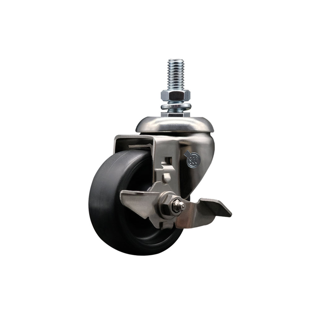 Polyolefin Swivel Stem Caster Wheel with 3 Inch Black Wheel and Top Lock Brake - 12mm Metric Threaded Stem - 316 Stainless Steel Caster - 300 lbs. Capacity Per Caster - Service Caster Brand — photo 1