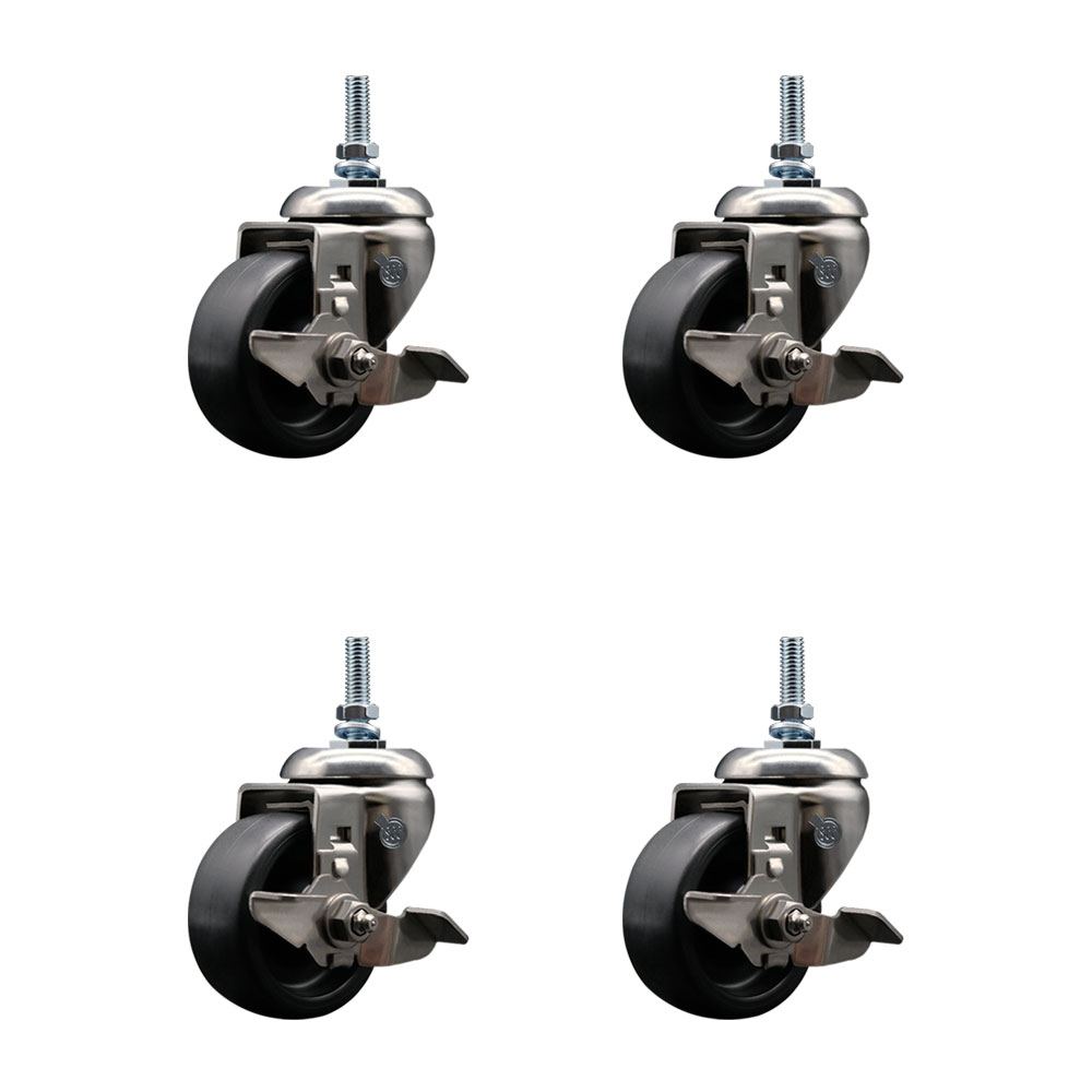Polyolefin Swivel Stem Caster Wheels Set of 4 with 3 Inch Black Wheels - 10mm Metric Threaded Stems - 316 Stainless Steel Casters - Includes 4 Swivel Casters with Top Lock Brakes- Service Caster Brand — photo 1