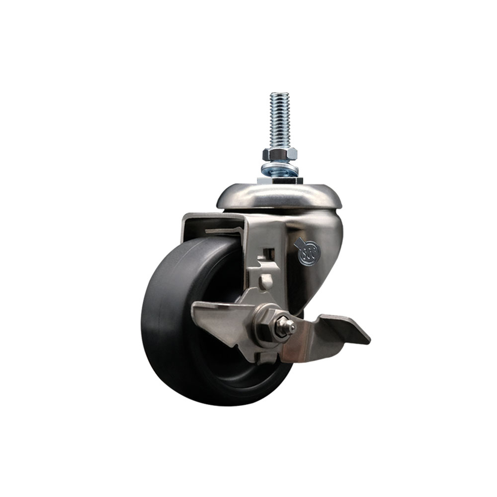 Polyolefin Swivel Stem Caster Wheel with 3 Inch Black Wheel and Top Lock Brake - 3/8" Threaded Stem - 316 Stainless Steel Caster - 300 lbs. Capacity Per Caster - Service Caster Brand — photo 1