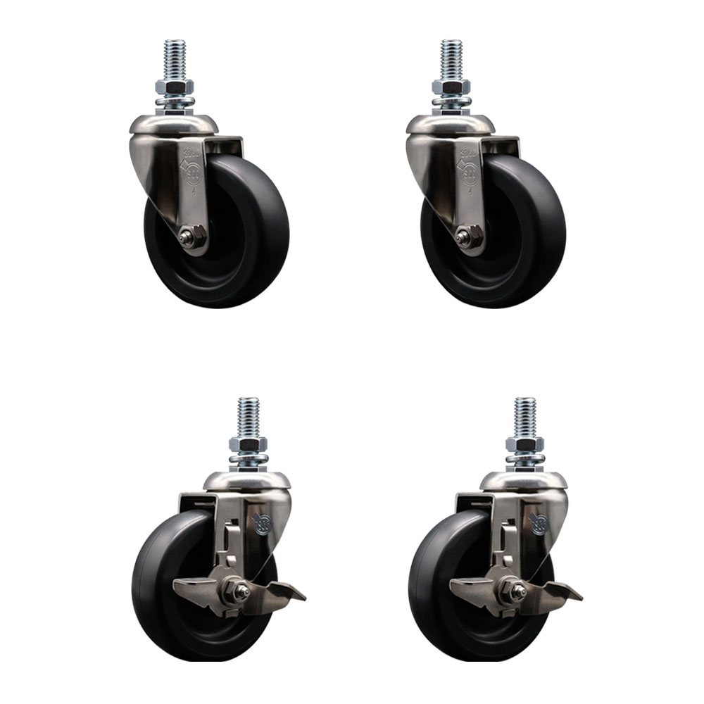 Polyolefin Swivel Stem Caster Wheels Set of 4 with 4 Inch Wheels-12mm Metric Threaded Stems-316 Stainless Steel Casters-Includes 2 Swivel Casters with Top Lock Brakes and 2 Swivel-Service Caster Brand — photo 1