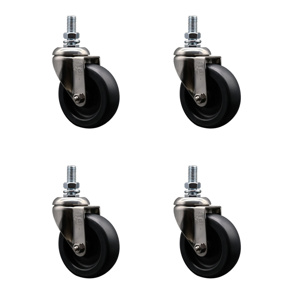 Polyolefin Swivel Stem Caster Wheels Set of 4 with 4 Inch Black Wheels - 1/2" Threaded Stems - 316 Stainless Steel Casters - Includes 4 Swivel Casters - Service Caster Brand — photo 1