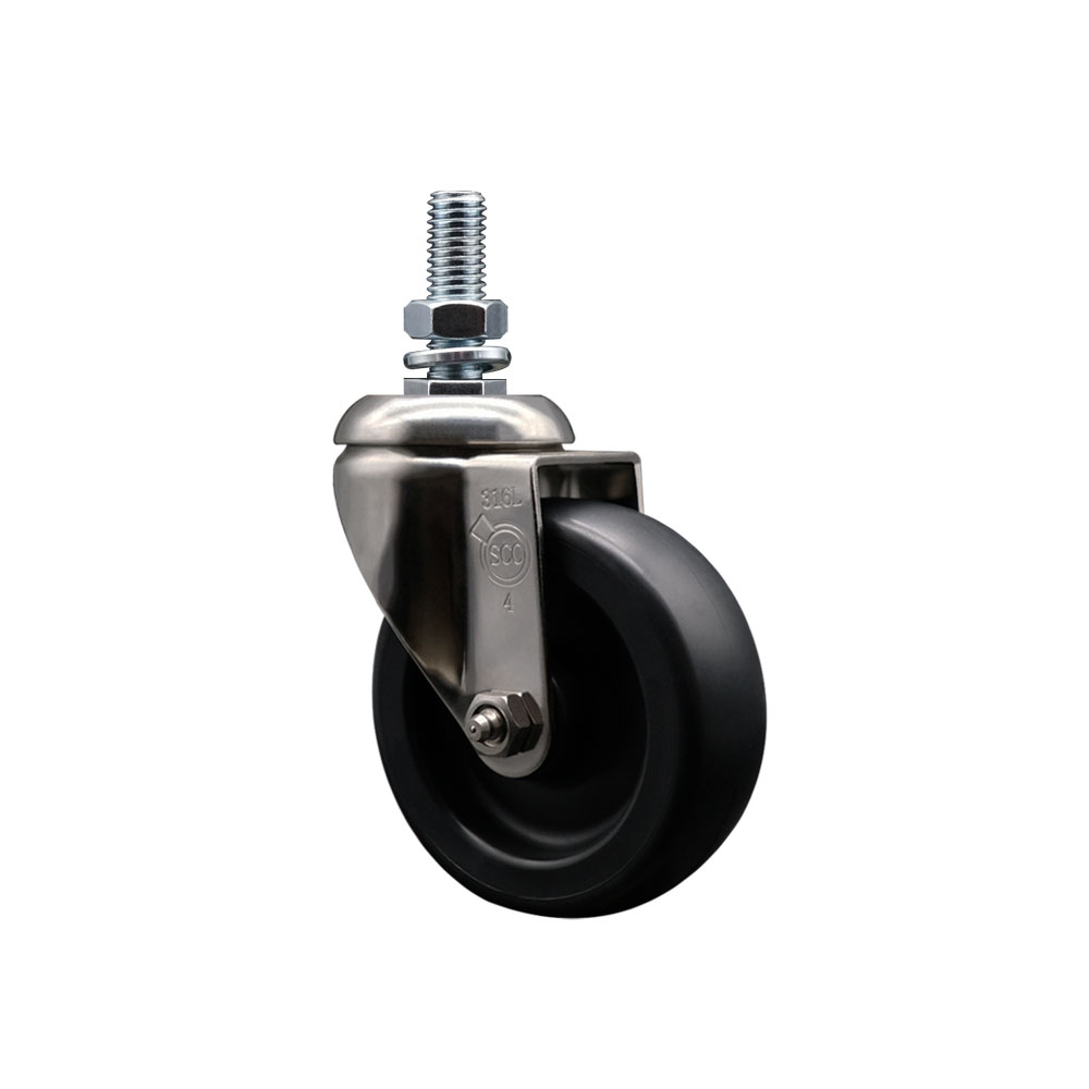 Polyolefin Swivel Stem Caster Wheel with 4 Inch Black Wheel - 1/2" Threaded Stem - 316 Stainless Steel Caster - 350 lbs. Capacity Per Caster - Service Caster Brand — photo 1