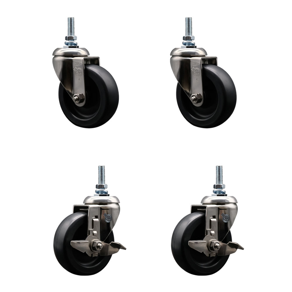 Polyolefin Swivel Stem Caster Wheels Set of 4 with 4 Inch Wheels-10mm Metric Threaded Stems-316 Stainless Steel Casters-Includes 2 Swivel Casters with Top Lock Brakes and 2 Swivel-Service Caster Brand — photo 1