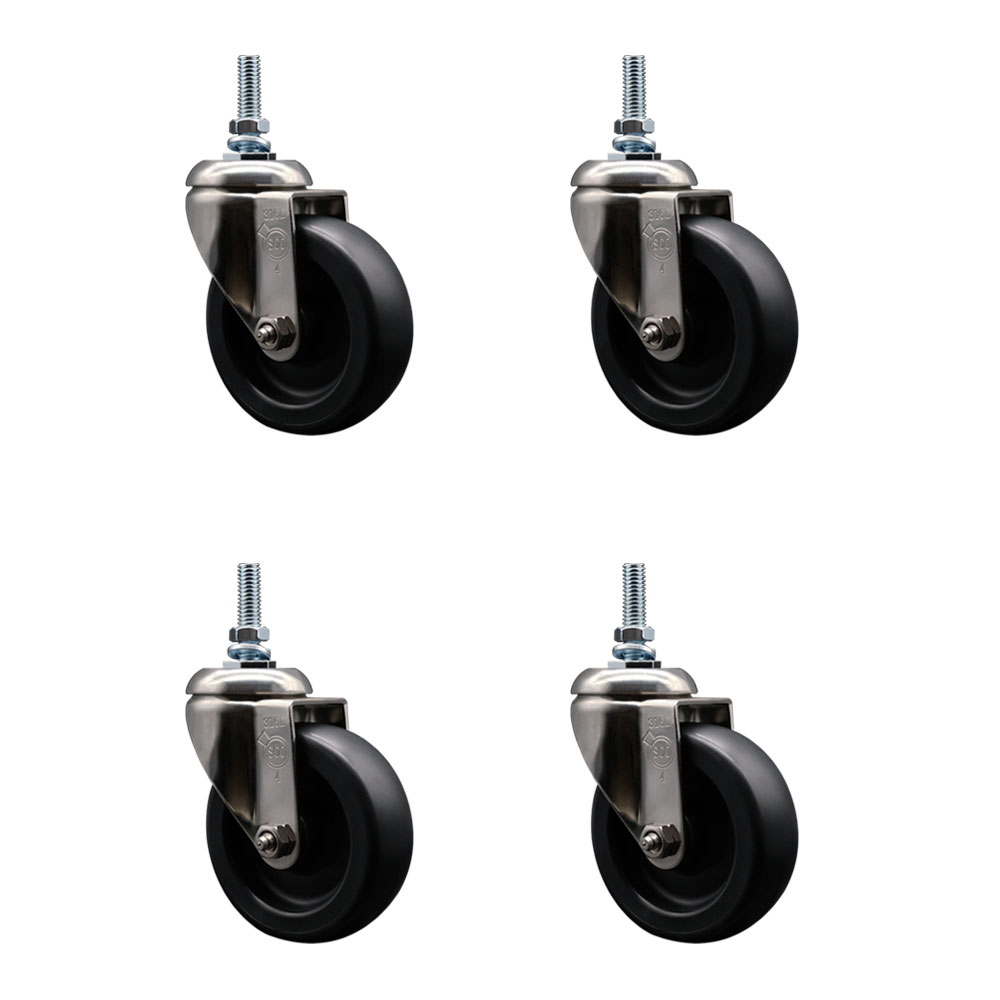 Polyolefin Swivel Stem Caster Wheels Set of 4 with 4 Inch Black Wheels - 3/8" Threaded Stems - 316 Stainless Steel Casters - Includes 4 Swivel Casters - Service Caster Brand — photo 1