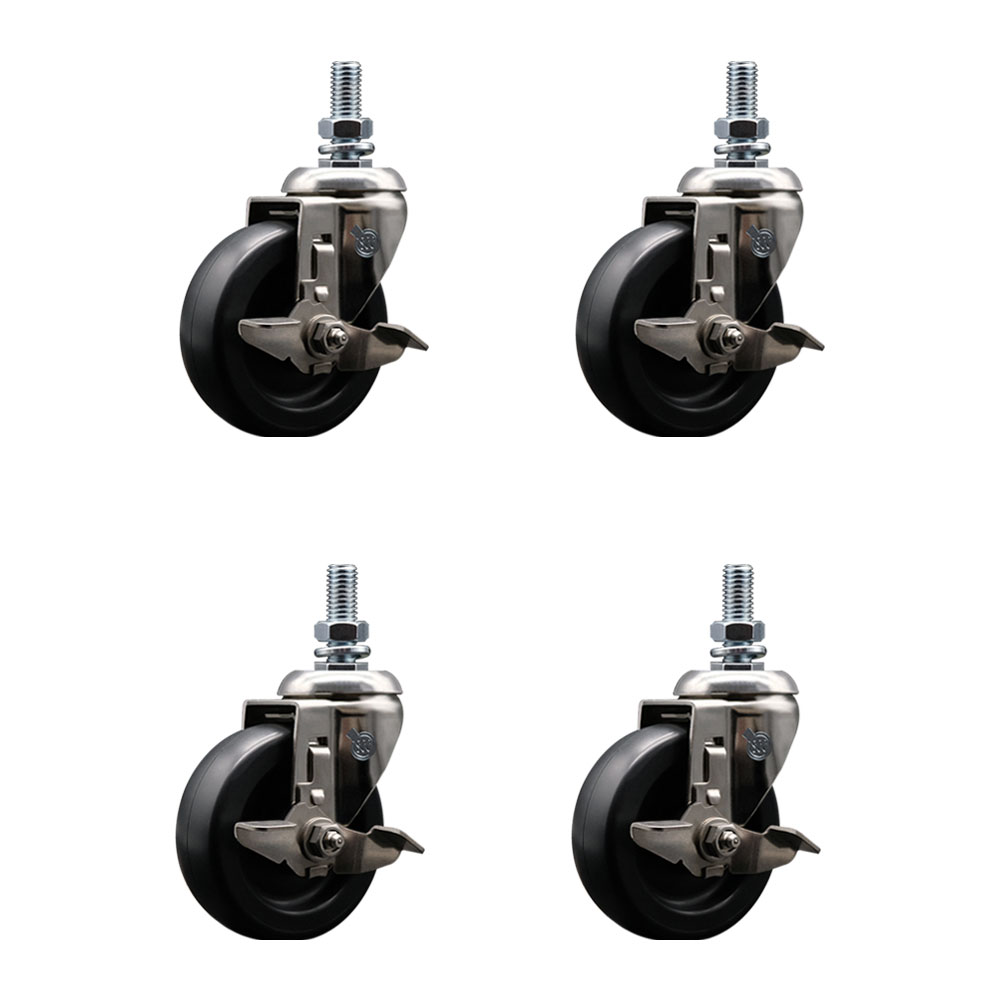 Polyolefin Swivel Stem Caster Wheels Set of 4 with 4 Inch Black Wheels - 12mm Metric Threaded Stems - 316 Stainless Steel Casters - Includes 4 Swivel Casters with Top Lock Brakes- Service Caster Brand — photo 1