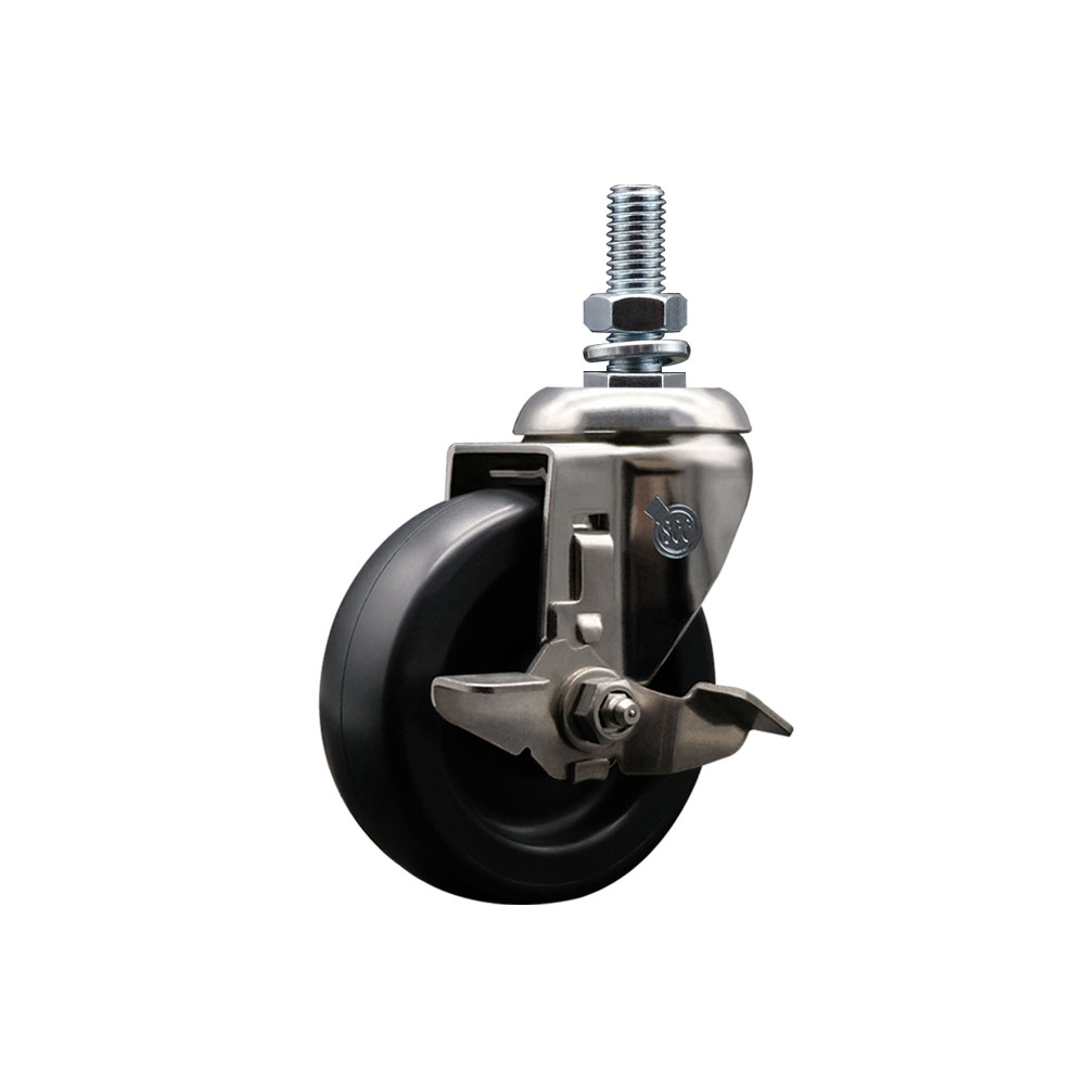 Polyolefin Swivel Stem Caster Wheel with 4 Inch Black Wheel and Top Lock Brake - 12mm Metric Threaded Stem - 316 Stainless Steel Caster - 350 lbs. Capacity Per Caster - Service Caster Brand — photo 1