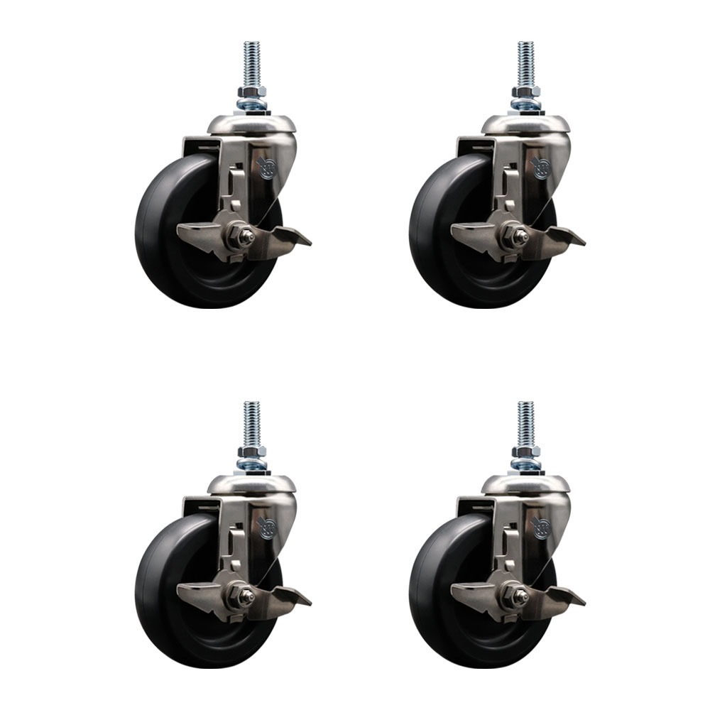 Polyolefin Swivel Stem Caster Wheels Set of 4 with 4 Inch Black Wheels - 3/8" Threaded Stems - 316 Stainless Steel Casters - Includes 4 Swivel Casters with Top Lock Brakes - Service Caster Brand — photo 1