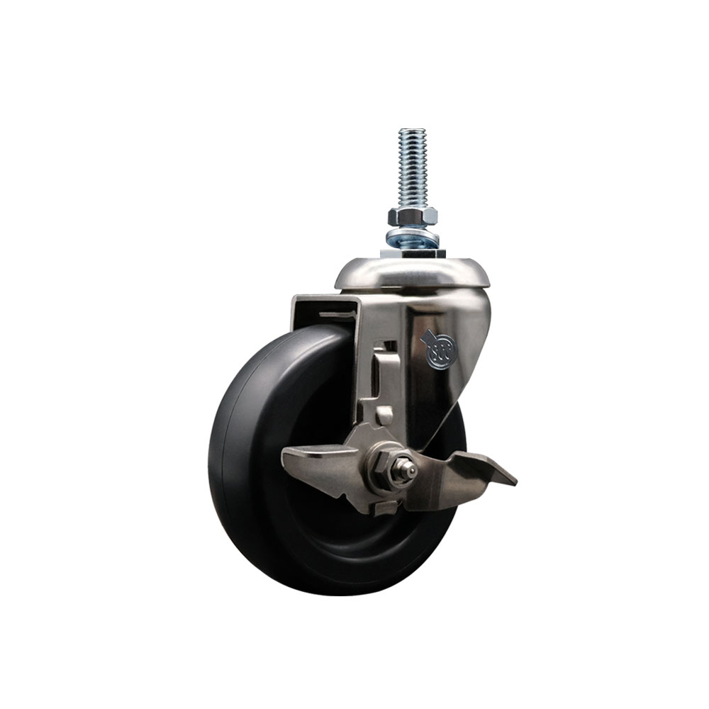 Polyolefin Swivel Stem Caster Wheel with 4 Inch Black Wheel and Top Lock Brake - 3/8" Threaded Stem - 316 Stainless Steel Caster - 350 lbs. Capacity Per Caster - Service Caster Brand — photo 1