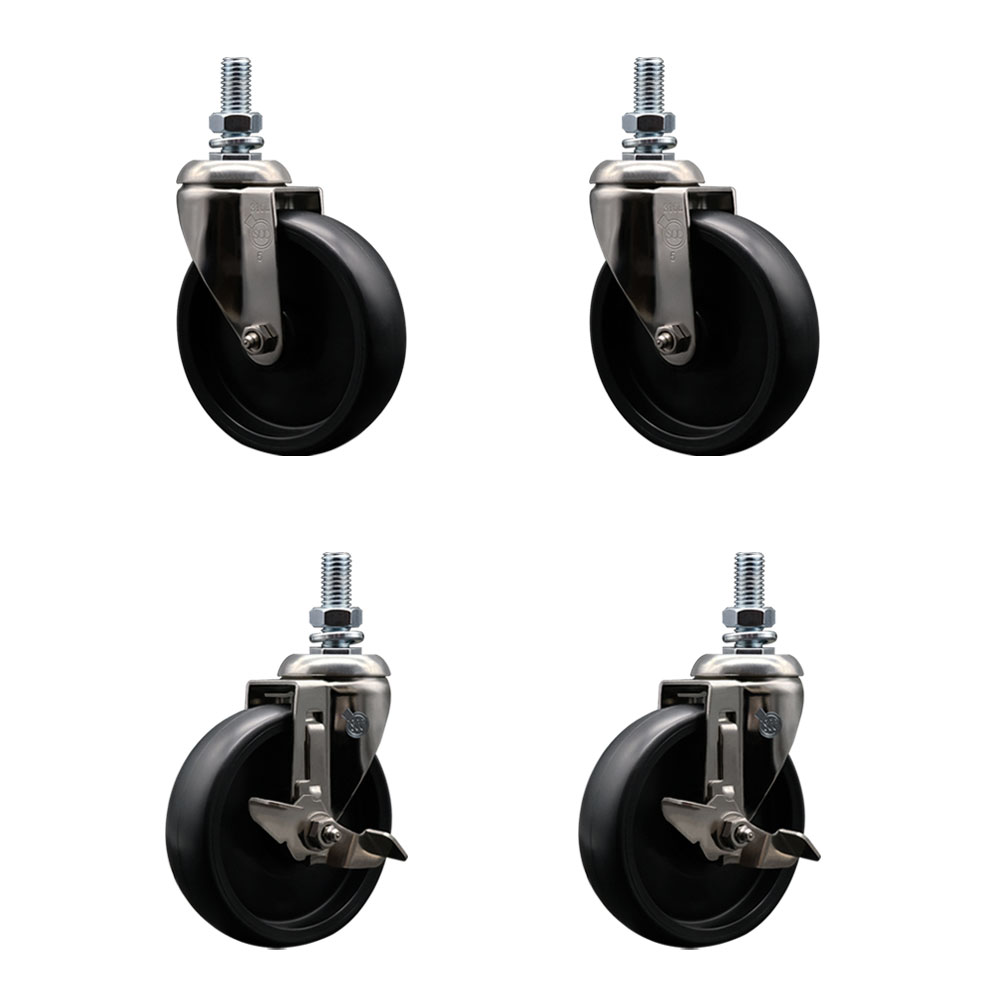 Polyolefin Swivel Stem Caster Wheels Set of 4 with 5 Inch Wheels-12mm Metric Threaded Stems-316 Stainless Steel Casters-Includes 2 Swivel Casters with Top Lock Brakes and 2 Swivel-Service Caster Brand — photo 1