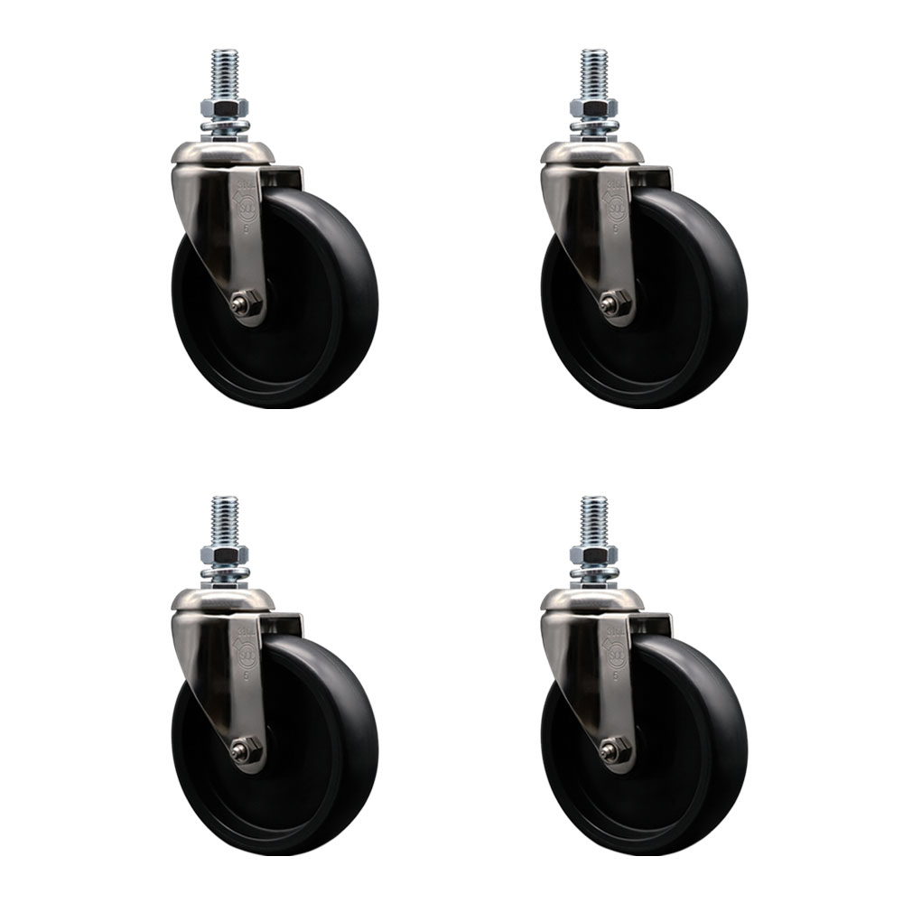 Polyolefin Swivel Stem Caster Wheels Set of 4 with 5 Inch Black Wheels - 1/2" Threaded Stems - 316 Stainless Steel Casters - Includes 4 Swivel Casters - Service Caster Brand — photo 1