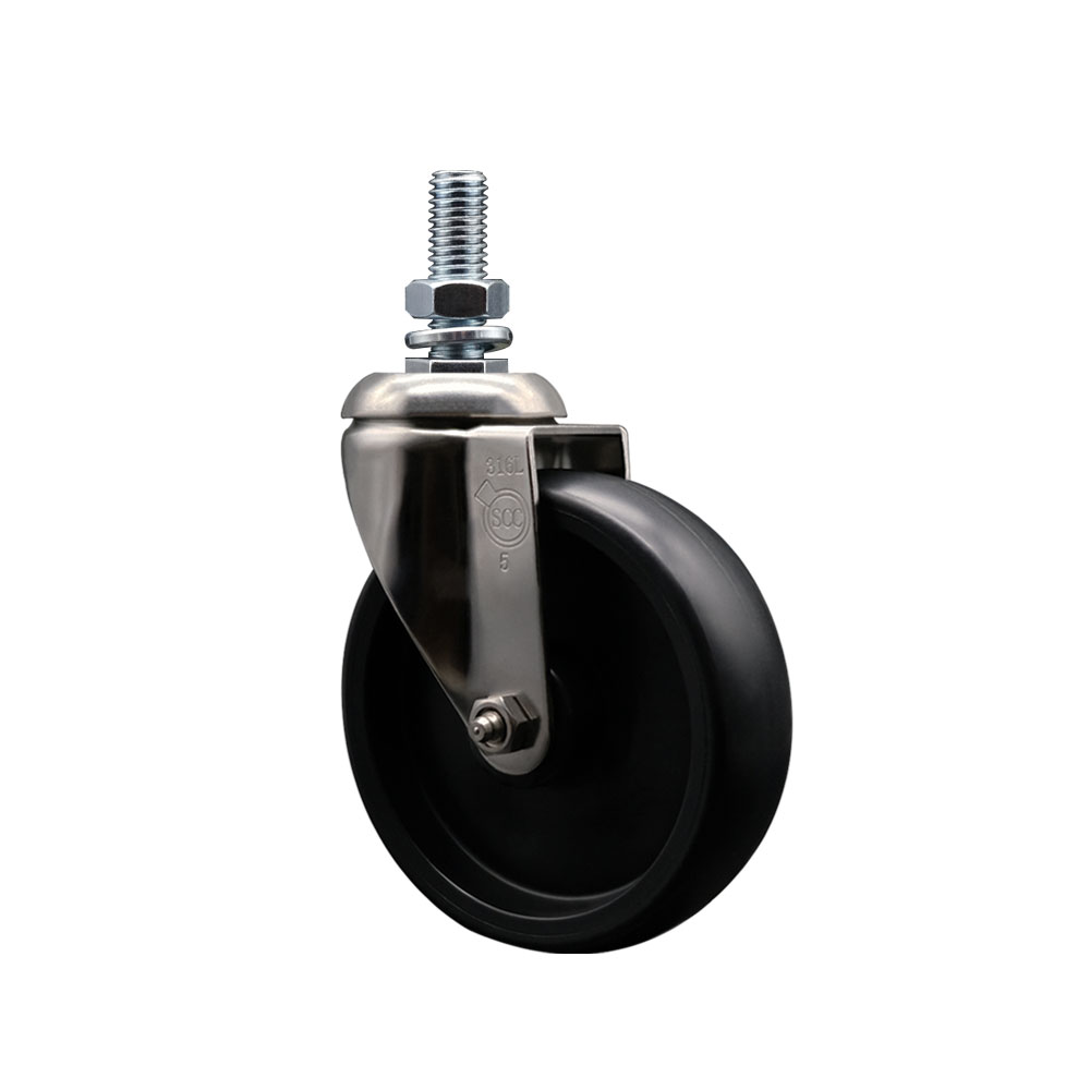 Polyolefin Swivel Stem Caster Wheel with 5 Inch Black Wheel - 12mm Metric Threaded Stem - 316 Stainless Steel Caster - 350 lbs. Capacity Per Caster - Service Caster Brand — photo 1