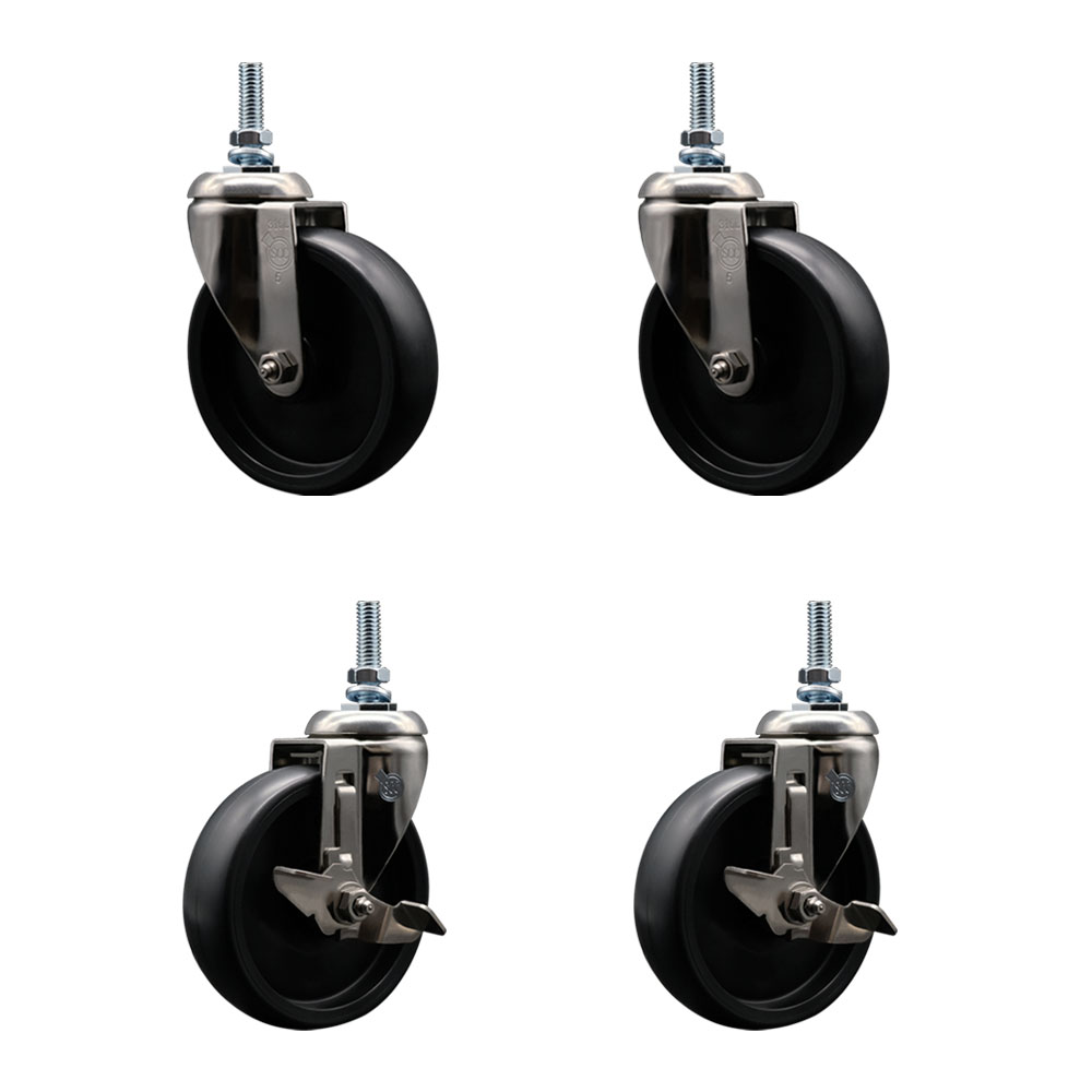 Polyolefin Swivel Stem Caster Wheels Set of 4 with 5 Inch Wheels-10mm Metric Threaded Stems-316 Stainless Steel Casters-Includes 2 Swivel Casters with Top Lock Brakes and 2 Swivel-Service Caster Brand — photo 1