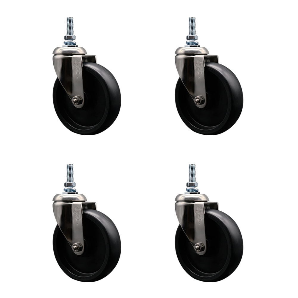 Polyolefin Swivel Stem Caster Wheels Set of 4 with 5 Inch Black Wheels - 3/8" Threaded Stems - 316 Stainless Steel Casters - Includes 4 Swivel Casters - Service Caster Brand — photo 1