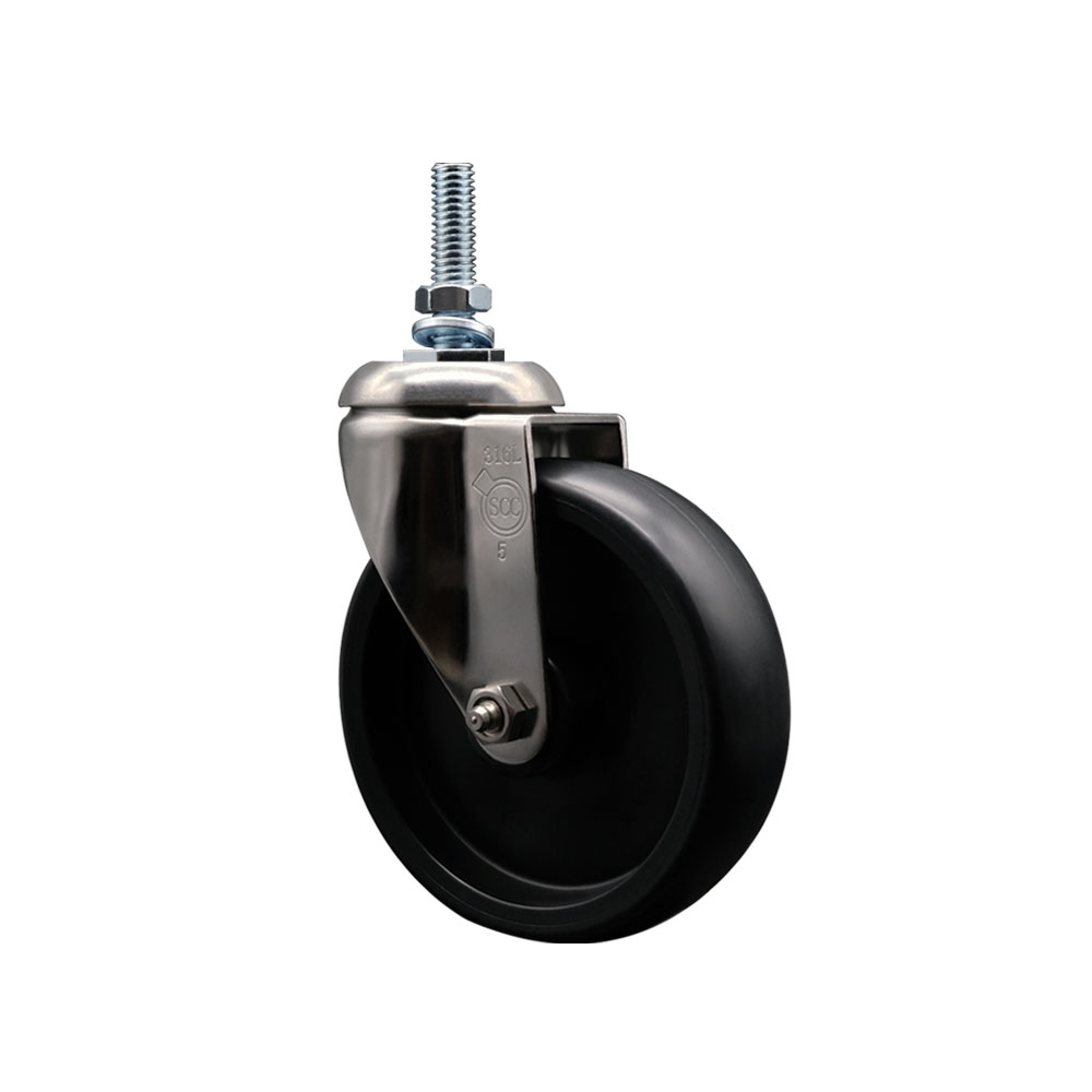 Polyolefin Swivel Stem Caster Wheel with 5 Inch Black Wheel - 10mm Metric Threaded Stem - 316 Stainless Steel Caster - 350 lbs. Capacity Per Caster - Service Caster Brand — photo 1