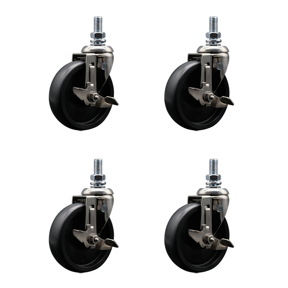 Polyolefin Swivel Stem Caster Wheels Set of 4 with 5 Inch Black Wheels - 12mm Metric Threaded Stems - 316 Stainless Steel Casters - Includes 4 Swivel Casters with Top Lock Brakes- Service Caster Brand — photo 1