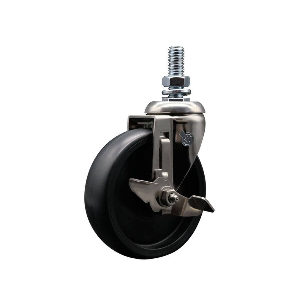 Polyolefin Swivel Stem Caster Wheel with 5 Inch Black Wheel and Top Lock Brake - 12mm Metric Threaded Stem - 316 Stainless Steel Caster - 350 lbs. Capacity Per Caster - Service Caster Brand — photo 1