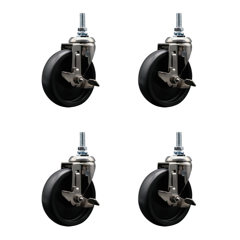 Polyolefin Swivel Stem Caster Wheels Set of 4 with 5 Inch Black Wheels - 10mm Metric Threaded Stems - 316 Stainless Steel Casters - Includes 4 Swivel Casters with Top Lock Brakes- Service Caster Brand — photo 1