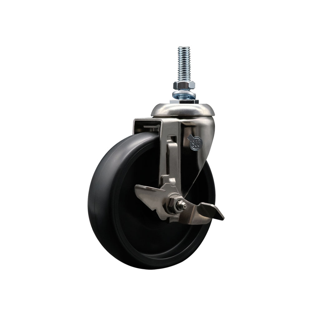 Polyolefin Swivel Stem Caster Wheel with 5 Inch Black Wheel and Top Lock Brake - 10mm Metric Threaded Stem - 316 Stainless Steel Caster - 350 lbs. Capacity Per Caster - Service Caster Brand — photo 1