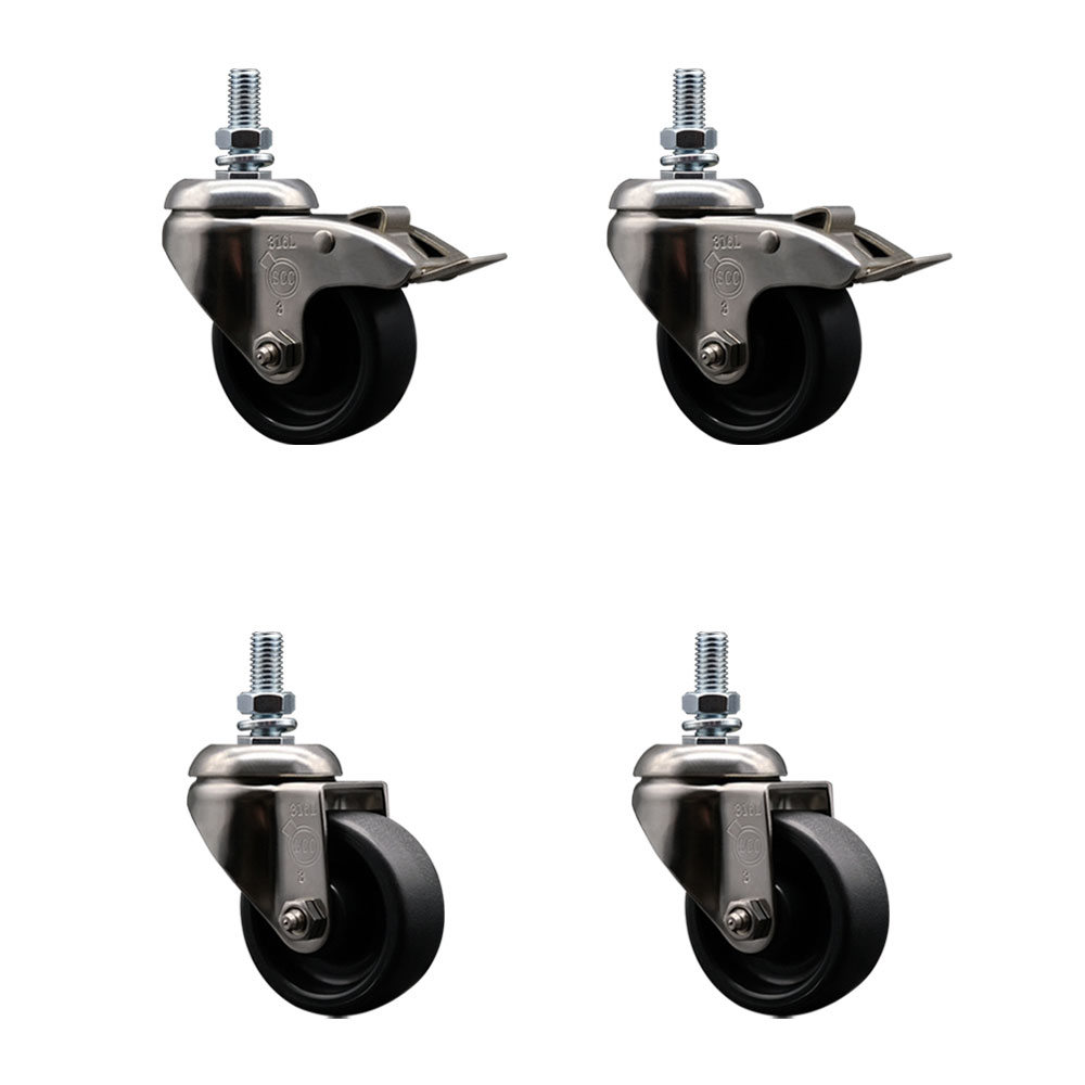 Polyolefin Swivel Stem Caster Wheels Set of 4 with 3 Inch Wheels-12mm Metric Threaded Stems-316 Stainless Steel Casters-Include 2 Swivel Casters with Total Lock Brake and 2 Swivel-Service Caster Brand — photo 1
