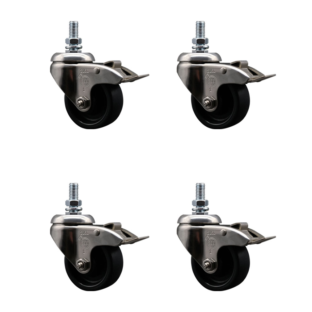 Polyolefin Swivel Stem Caster Wheels Set of 4 with 3 Inch Black Wheels - 12mm Metric Threaded Stems - 316 Stainless Steel Casters-Includes 4 Swivel Casters with Total Lock Brakes- Service Caster Brand — photo 1