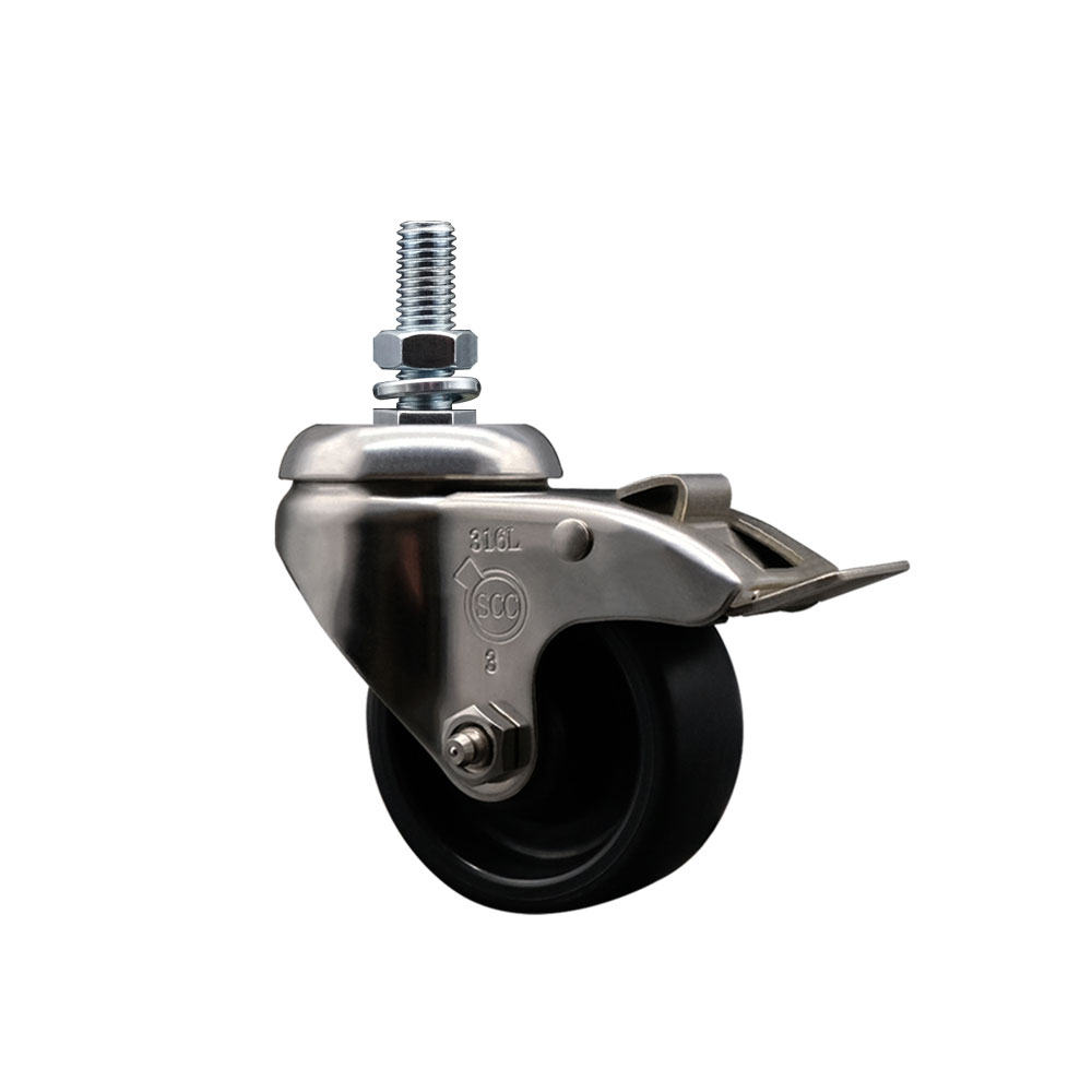 Polyolefin Swivel Stem Caster Wheel with 3 Inch Black Wheel and Total Lock Brake - 1/2" Threaded Stem - 316 Stainless Steel Caster - 300 lbs. Capacity Per Caster - Service Caster Brand — photo 1