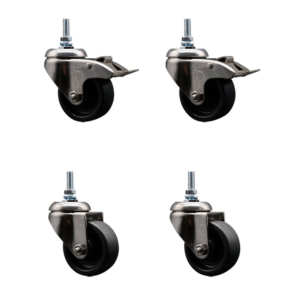 Polyolefin Swivel Stem Caster Wheels Set of 4 with 3 Inch Wheels-10mm Metric Threaded Stems-316 Stainless Steel Casters-Include 2 Swivel Casters with Total Lock Brake and 2 Swivel-Service Caster Brand — photo 1