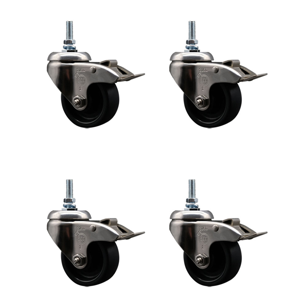Polyolefin Swivel Stem Caster Wheels Set of 4 with 3 Inch Black Wheels - 10mm Metric Threaded Stems - 316 Stainless Steel Casters-Includes 4 Swivel Casters with Total Lock Brakes- Service Caster Brand — photo 1