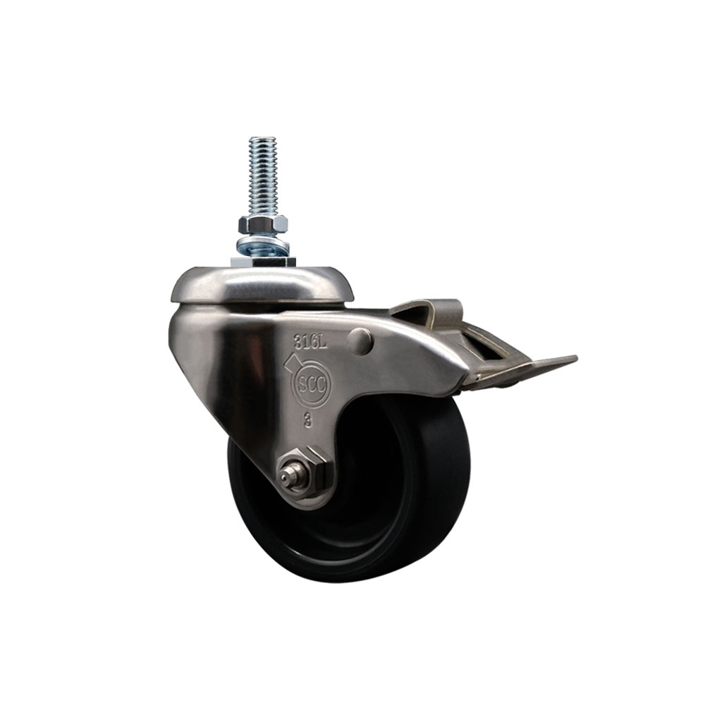 Polyolefin Swivel Stem Caster Wheel with 3 Inch Black Wheel and Total Lock Brake - 3/8" Threaded Stem - 316 Stainless Steel Caster - 300 lbs. Capacity Per Caster - Service Caster Brand — photo 1