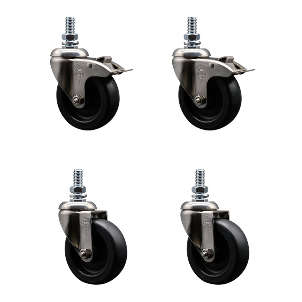 Polyolefin Swivel Stem Caster Wheels Set of 4 with 4 Inch Black Wheels- 1/2" Threaded Stems-316 Stainless Steel Casters-Includes 2 Swivel Casters with Top Lock Brakes and 2 Swivel-Service Caster Brand — photo 1