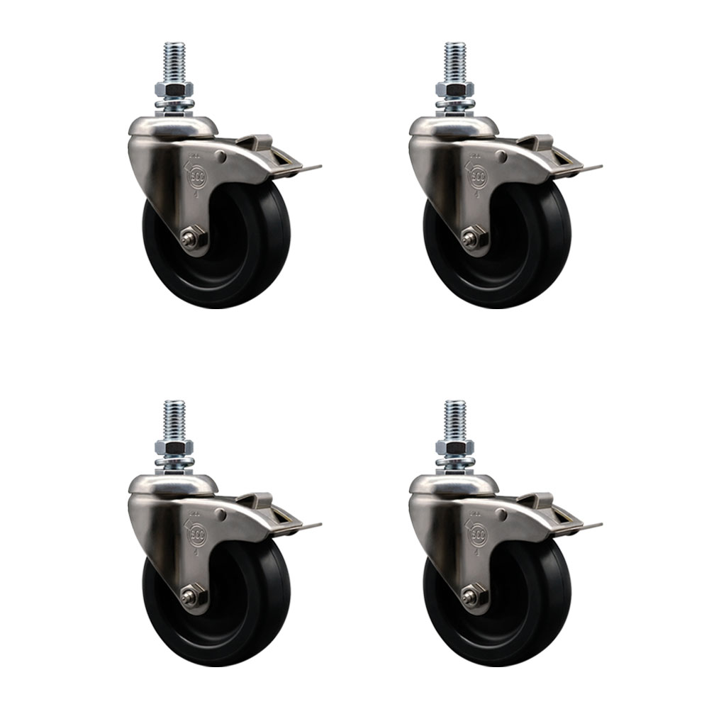 Polyolefin Swivel Stem Caster Wheels Set of 4 with 4 Inch Black Wheels - 1/2" Threaded Stems - 316 Stainless Steel Casters - Includes 4 Swivel Casters with Total Lock Brakes - Service Caster Brand — photo 1
