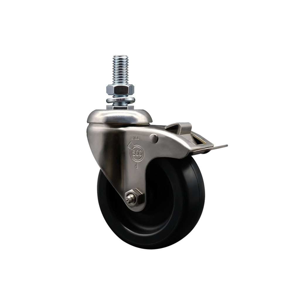 Polyolefin Swivel Stem Caster Wheel with 4 Inch Black Wheel and Total Lock Brake - 1/2" Threaded Stem - 316 Stainless Steel Caster - 350 lbs. Capacity Per Caster - Service Caster Brand — photo 1