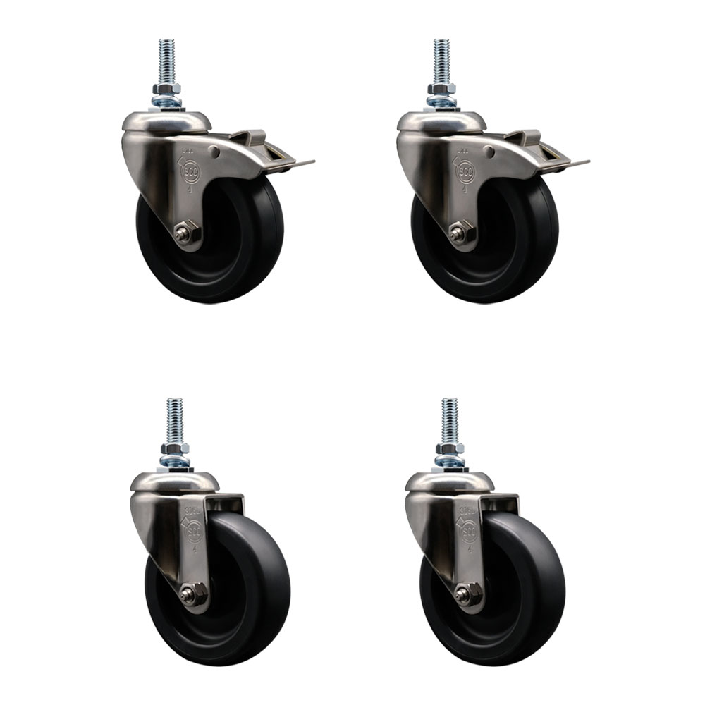 Polyolefin Swivel Stem Caster Wheels Set of 4 with 4 Inch Wheels-10mm Metric Threaded Stems-316 Stainless Steel Casters-Include 2 Swivel Casters with Total Lock Brake and 2 Swivel-Service Caster Brand — photo 1